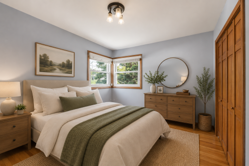 Primary bedroom with beautiful hardwood floors and six panel solid closet doors.
virtually staged