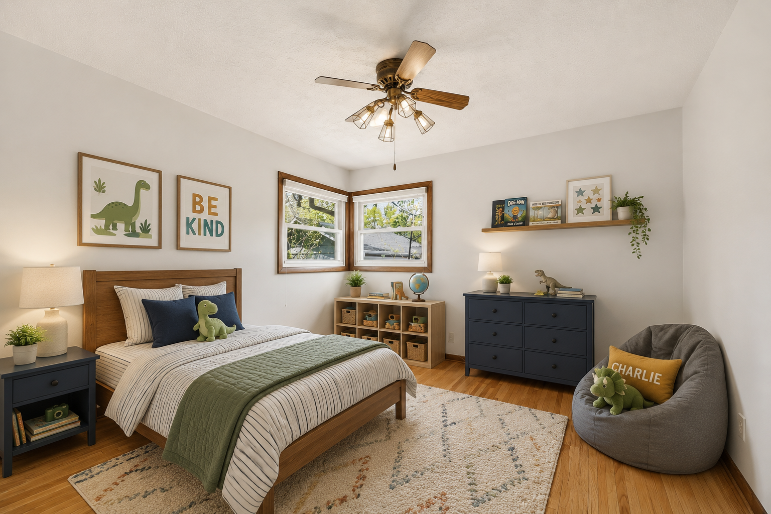 Second main floor bedroom with corner window and hardwood floors.
virtually staged