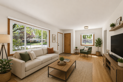 Main floor living room with gorgeous hardwood floors and updated windows. virtually staged
