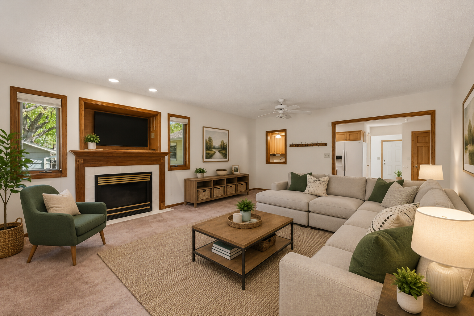 Large and open family room addition with gas fire place, recessed lighting and bright windows.
virtually staged