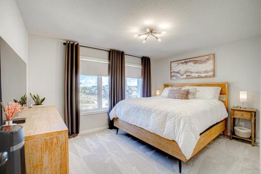 Primary bedroom with custom power shades. This is bedroom one of three on one level (king size bed in this room).