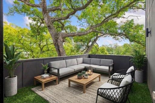 Example of 2nd floor balcony easily transformed with artificial turf, creating a nice quiet outdoor oasis (virtually staged)