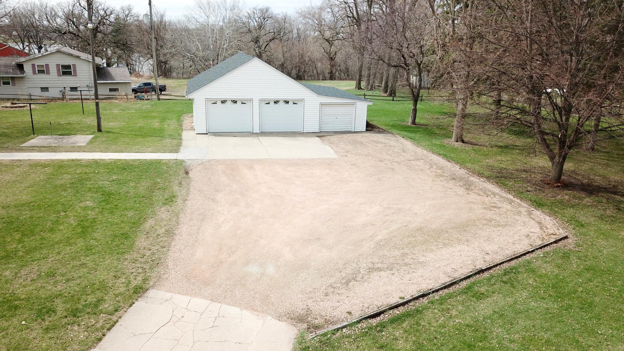 Aerial view of the garage and parking area