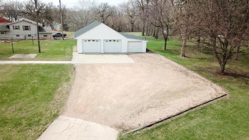 Aerial view of the garage and parking area
