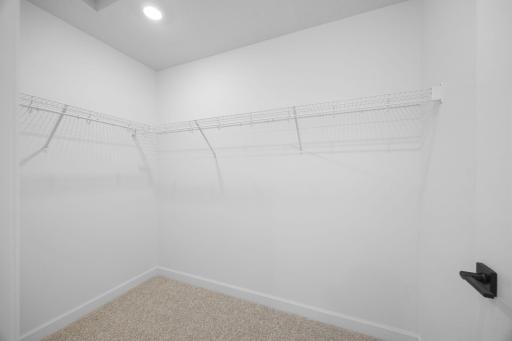 Wire shelving is included in this large walk-in closet, which provides ample wardrobe space