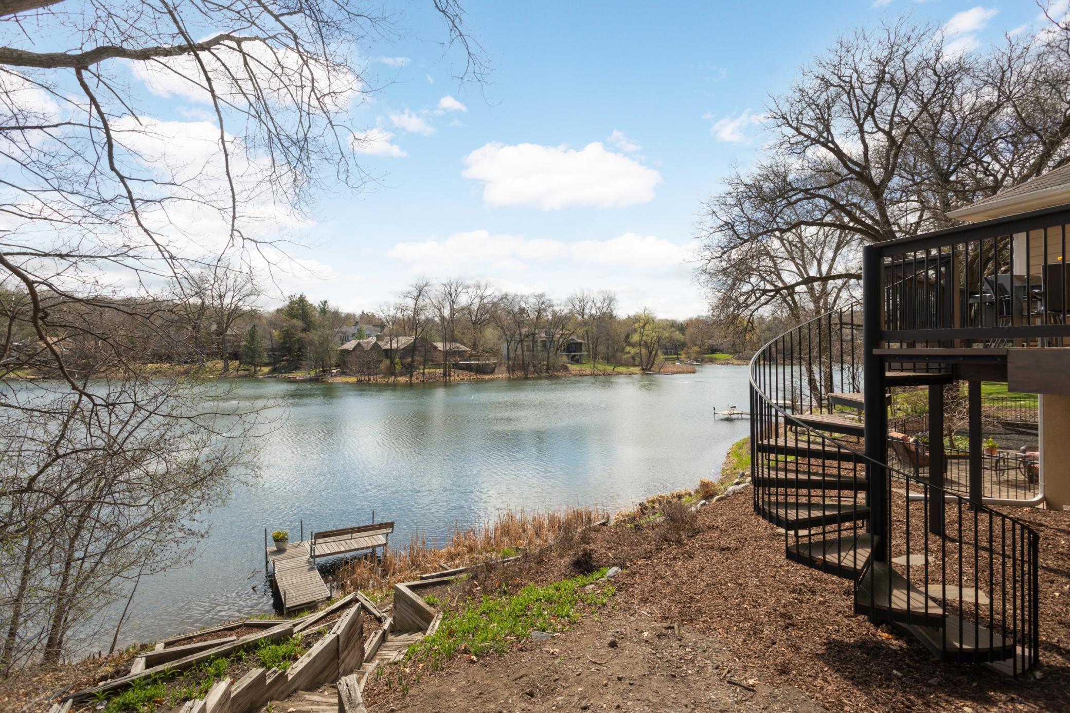 Spiral staircase from the deck to the stairs to the dock