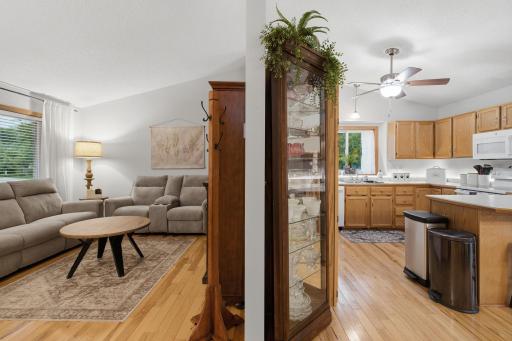 To the left, is a formal living room and the right is your kitchen.