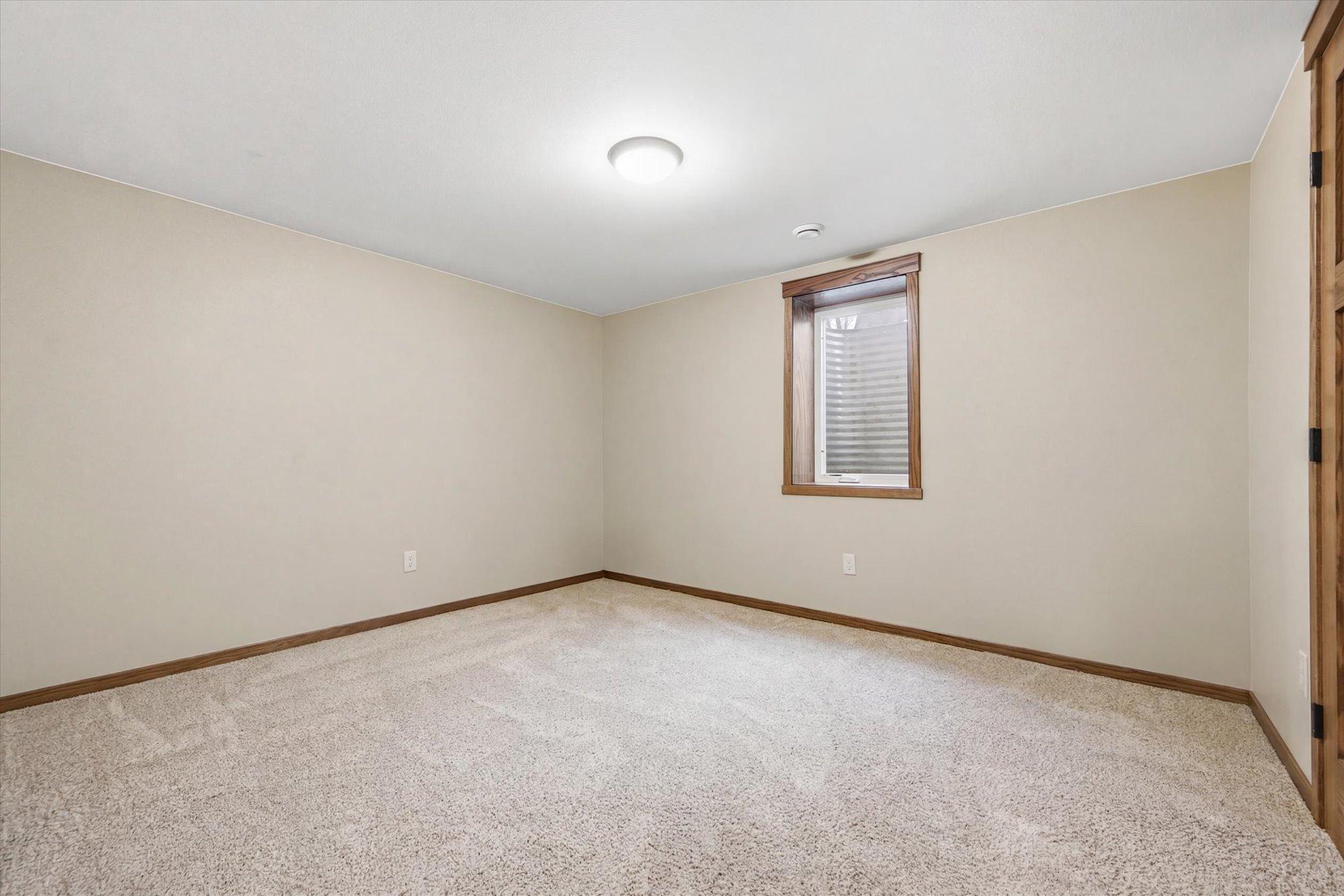 Well-sized lower-level bedroom offering plush carpet, neutral finishes, and a spacious closet.