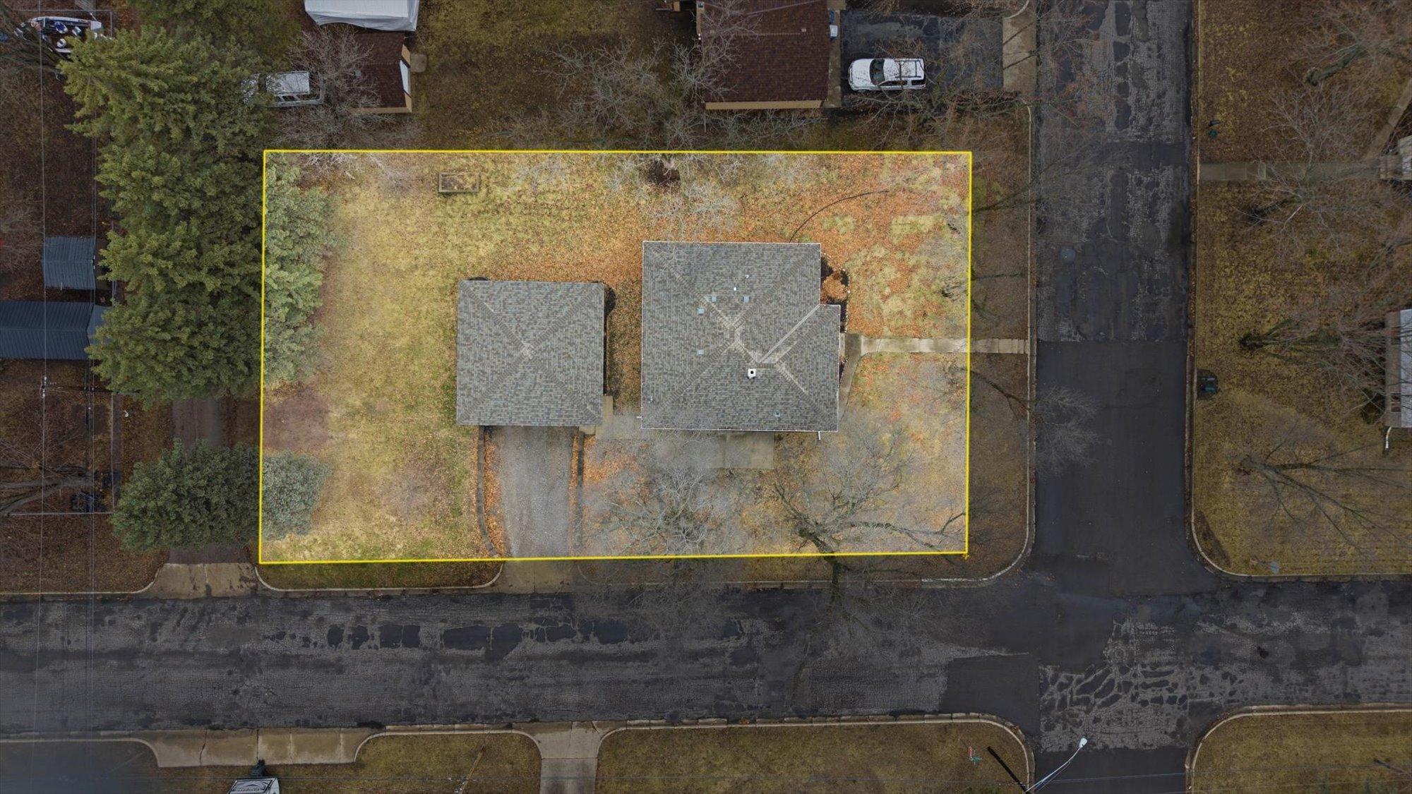Aerial with lot lines and easement shown.