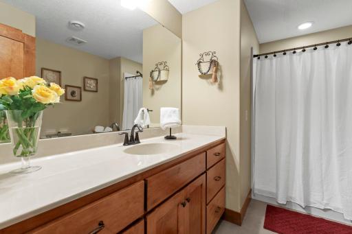The lower level includes a full bathroom.