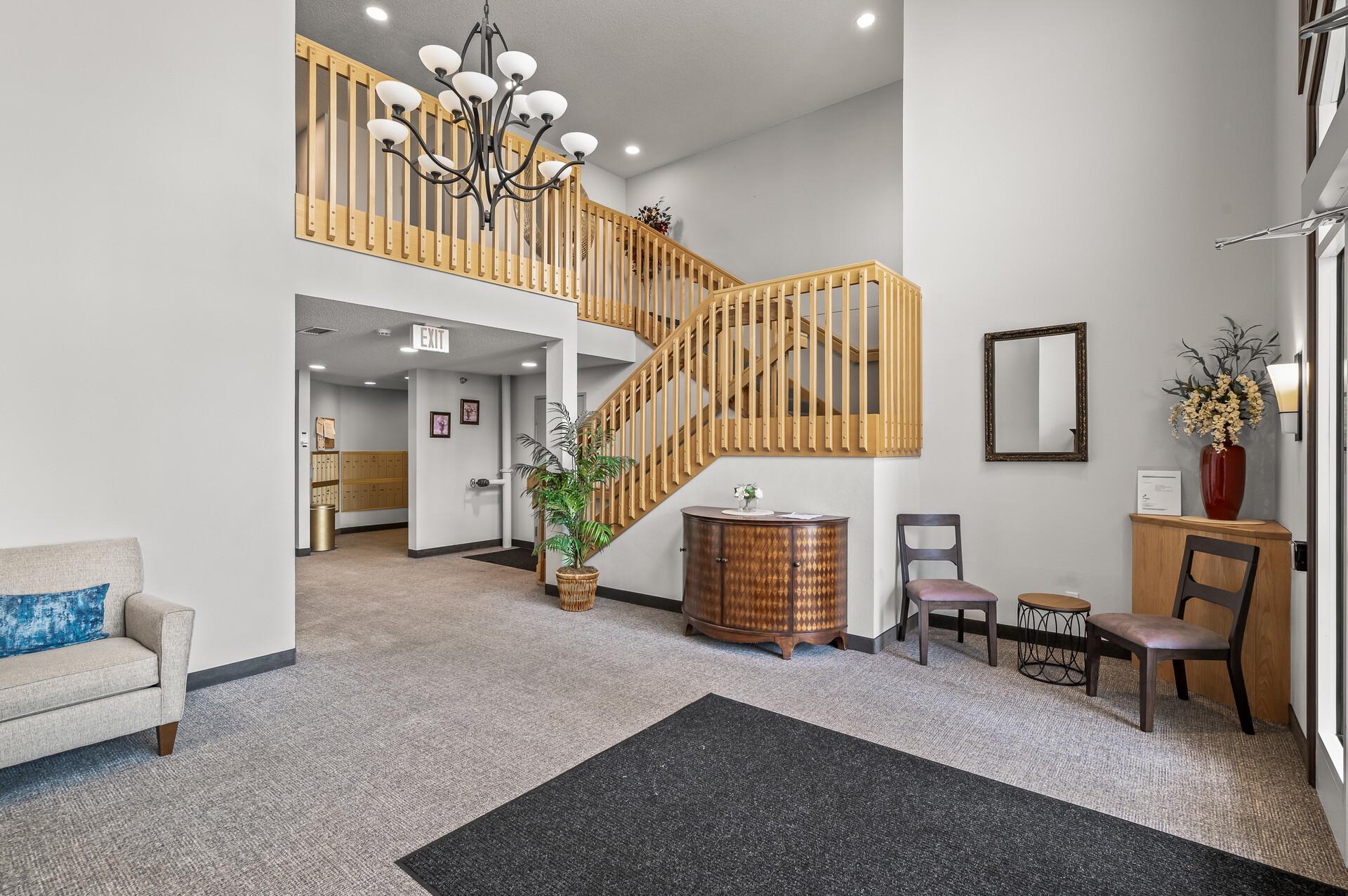 front lobby, mail room in the back and party room