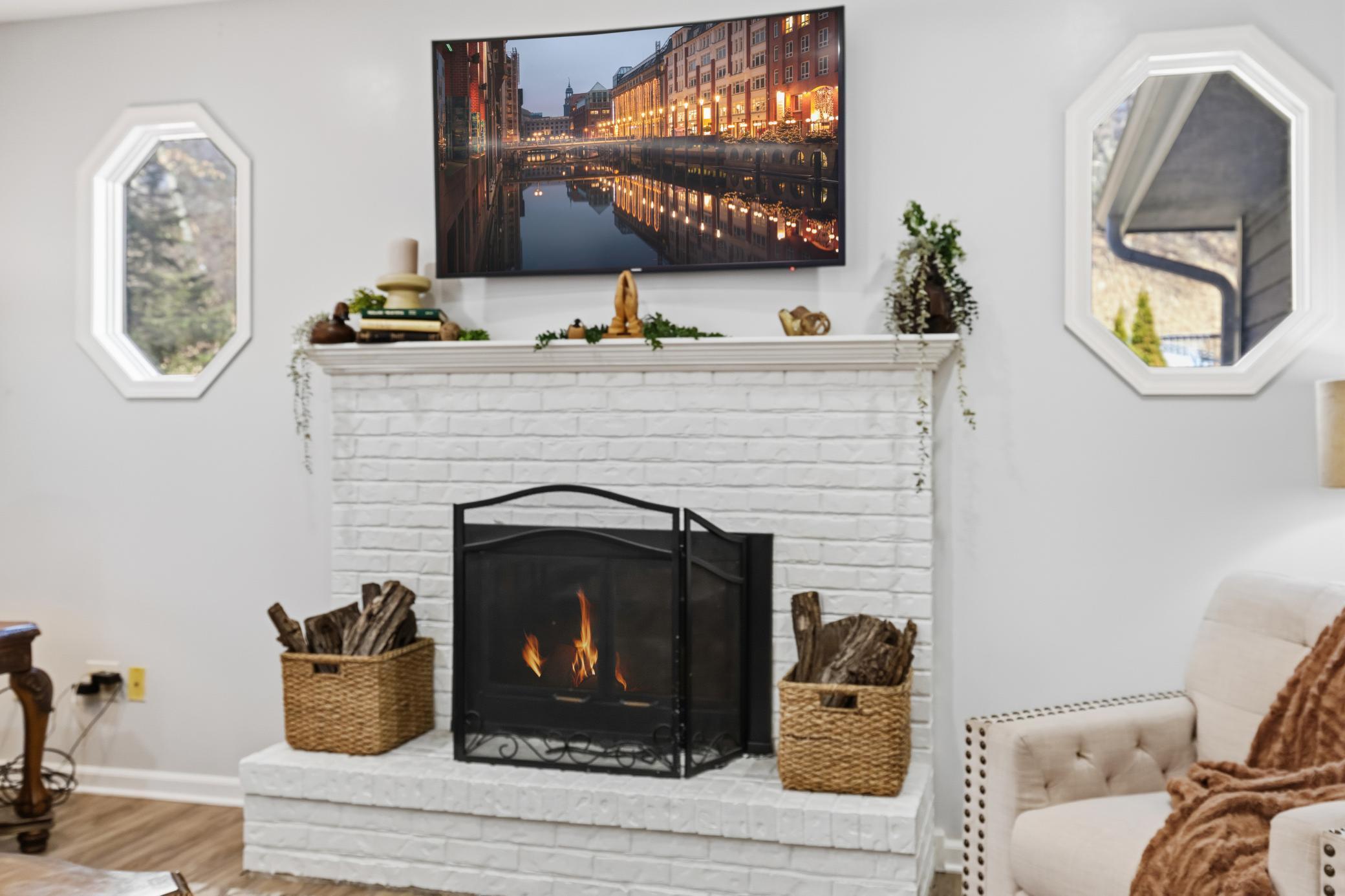 Cozy up and enjoy the crackling fire on a cold day.