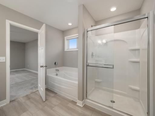 Owner's private bathroom has both a soaking tub and a walk-in shower with glass doors.