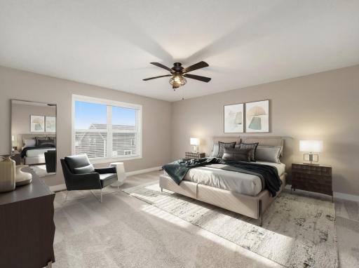 Virtually staged - Fantastic owners suite can easily accommodate a king size bed and additional furnishings. Located at the rear of the house with a nice view of the backyard.