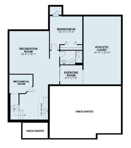 The lower level exceeds all expectations with rec room, bedroom number 5, exercise room and athletic court. (artist rendering)