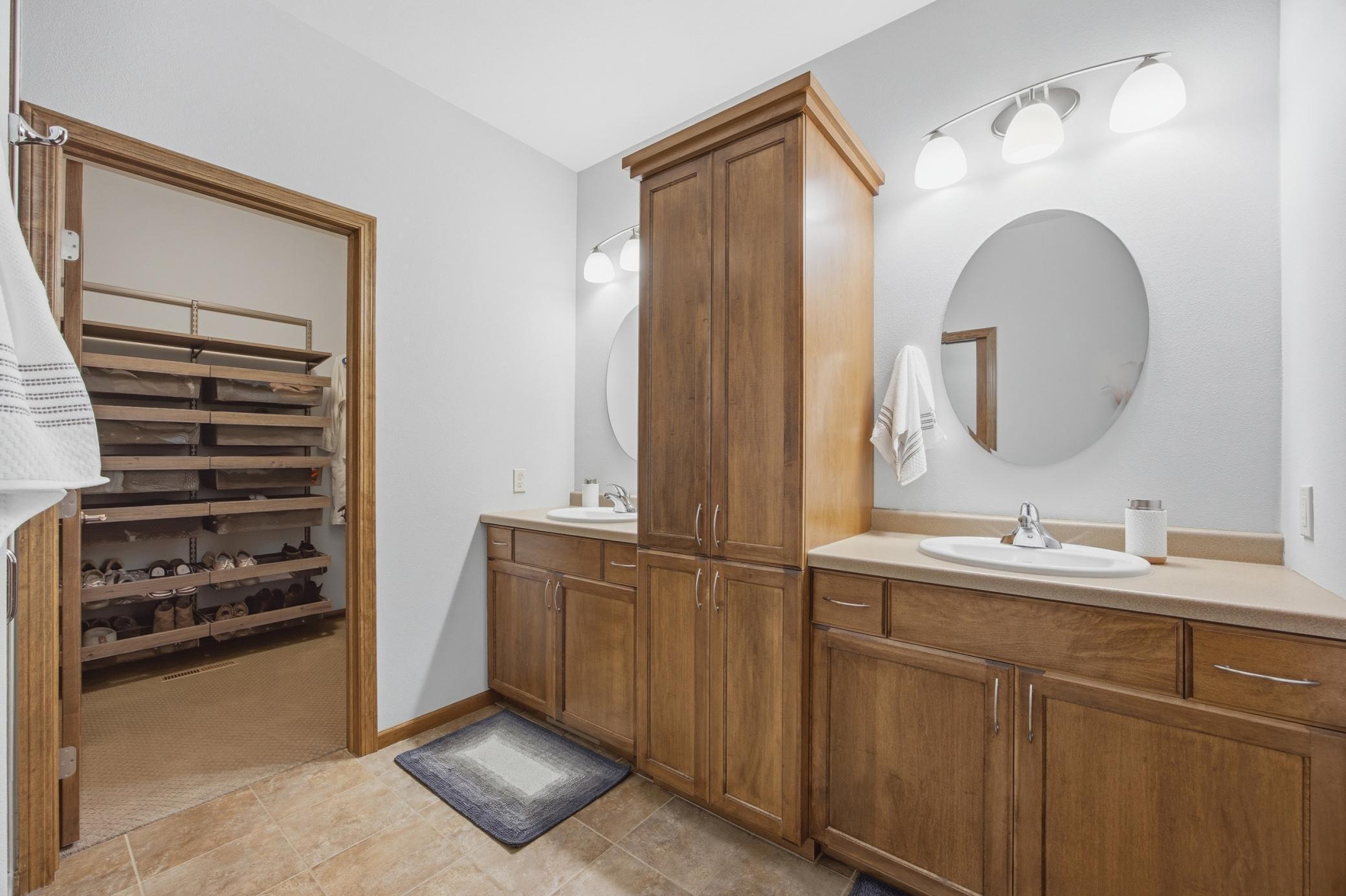 Primary bath with double sinks and lots of storage