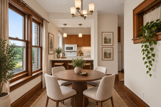 Virtually staged dining room and kitchen area