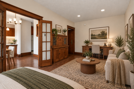 Virtually staged space of the studio unit