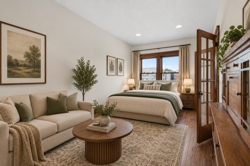 Virtually staged space of the studio unit