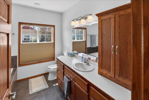 Spacious primary bathroom featuring a large vanity, ample storage, and natural light.