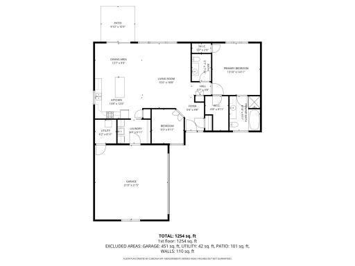 Well-designed single-level floor plan featuring an open-concept living, dining, and kitchen area, private primary suite, additional bedroom, main-level laundry, attached garage, and patio.