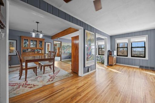 View from kitchen into open living room, family room, dining room