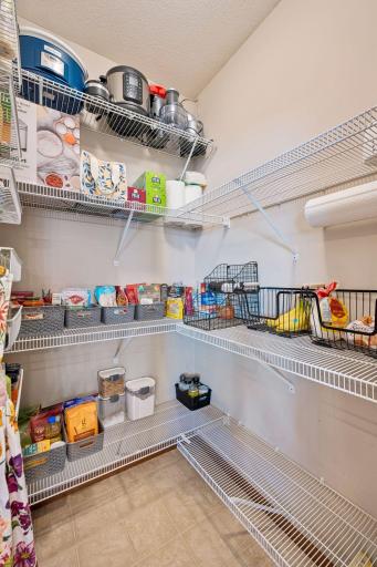 Super walk-in pantry with storage for appliances and food.