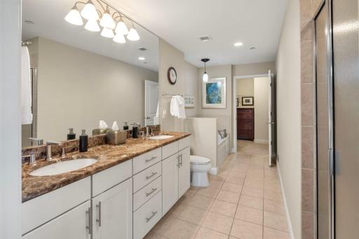 Carlyle 607 - Primary bath has tub and a shower, with updated vanity