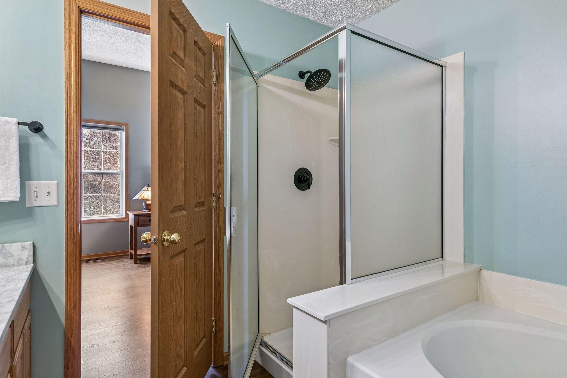 spacious walk-in shower