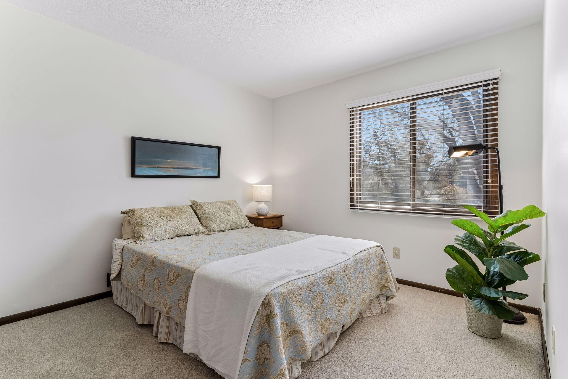 Second bedroom on upper level with new carpet, window for natural light and functional layout.
