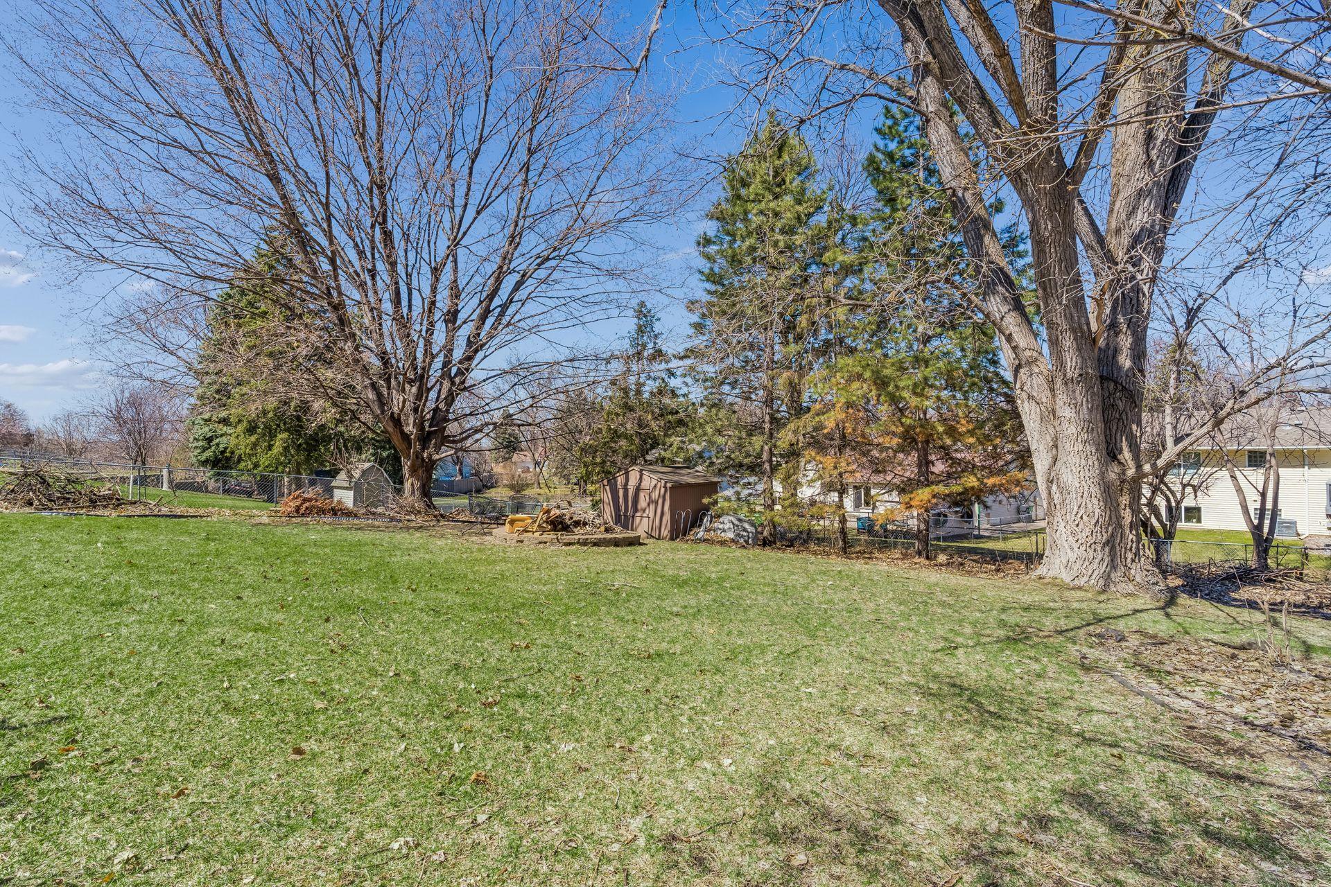 Spacious backyard featuring mature trees, open green space, and fenced area, perfect for outdoor activities and pets.
