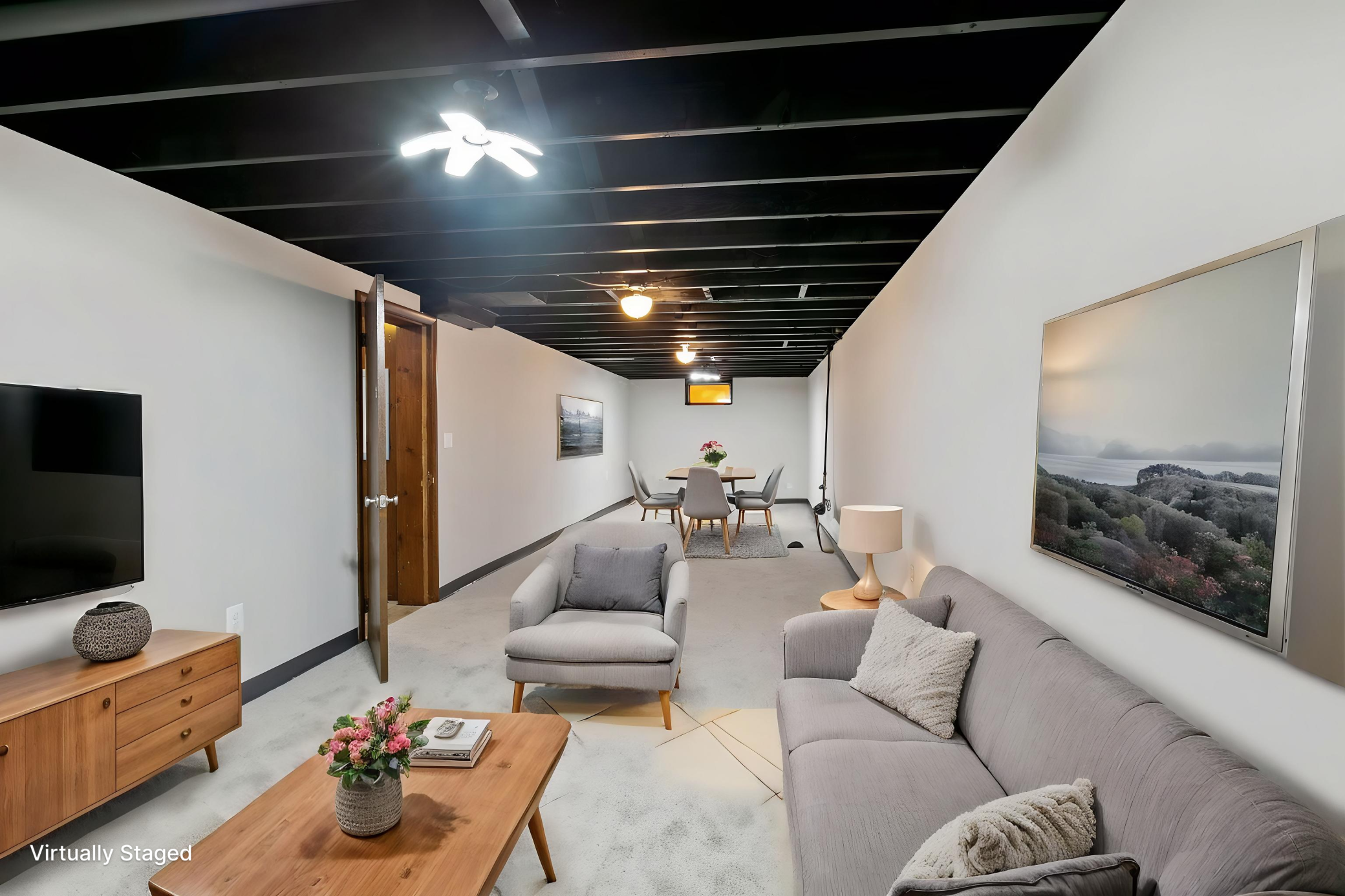 Virtually staged family room.