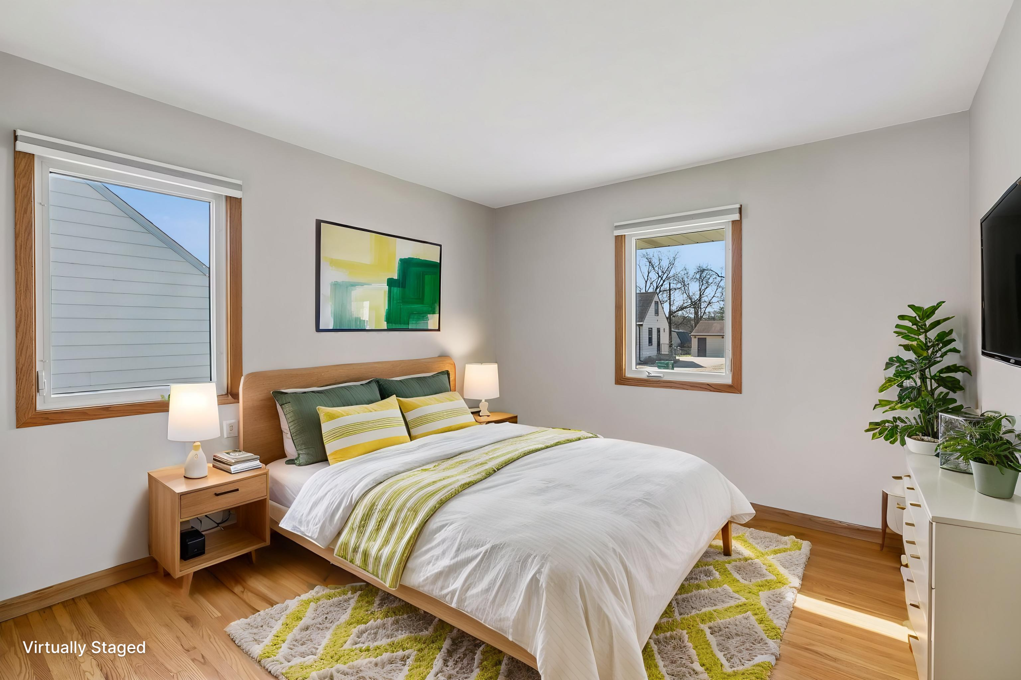 Virtually staged bedroom one.