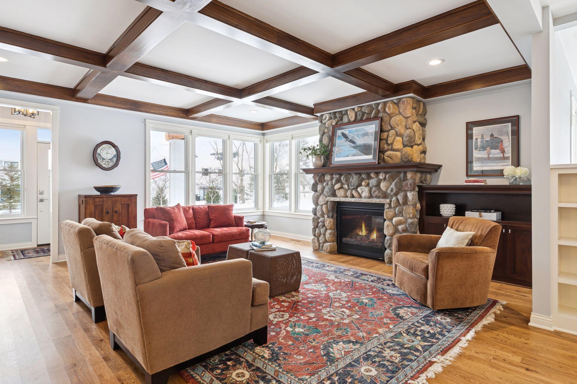 Stone fireplace, coffered ceilings!