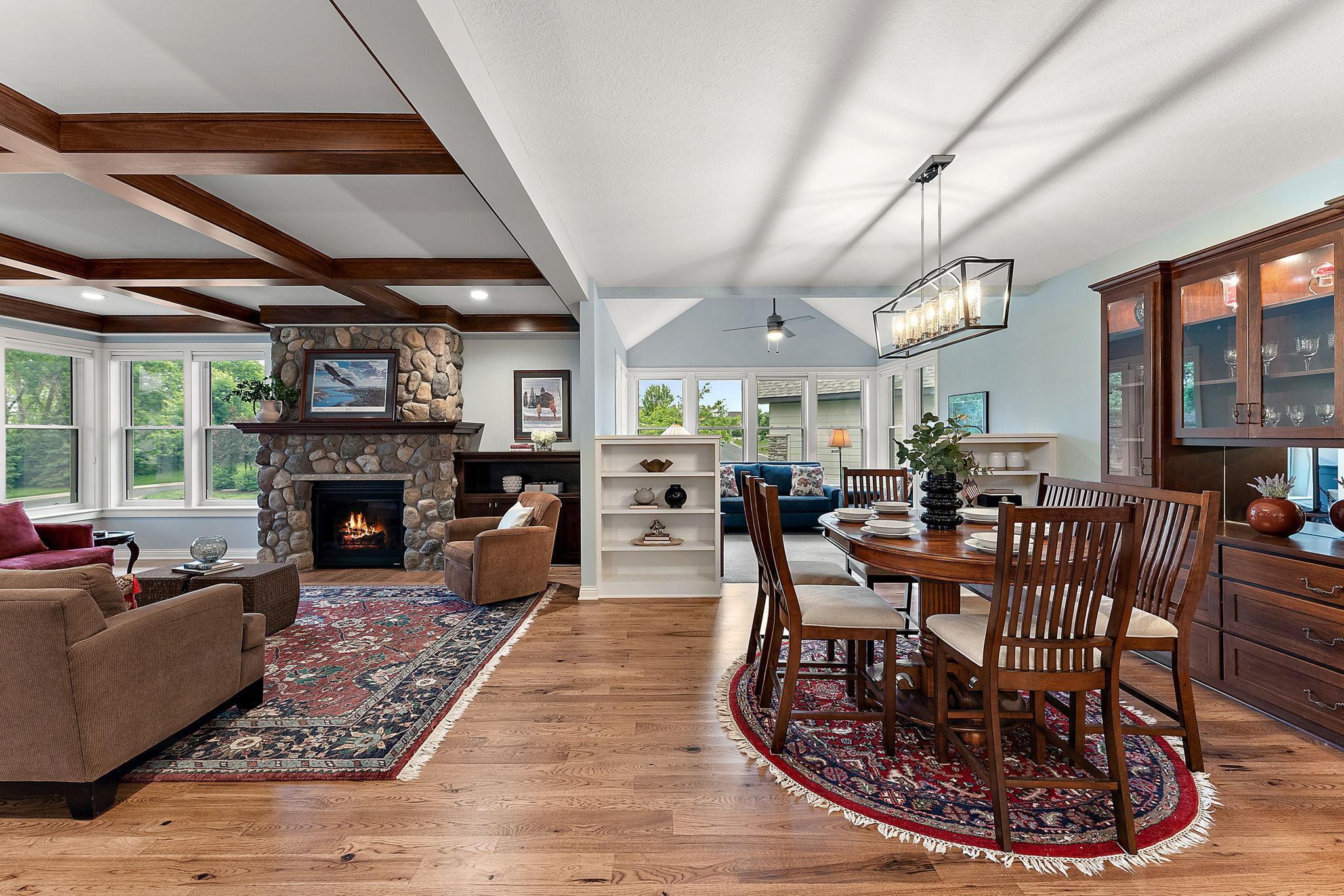 Kitchen view to the open living and dining.