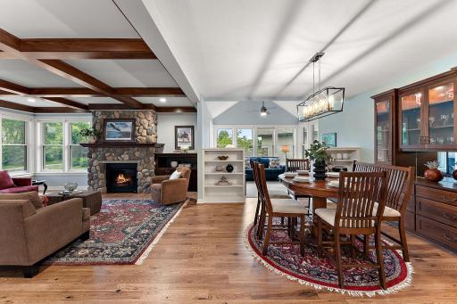 Kitchen view to the open living and dining.