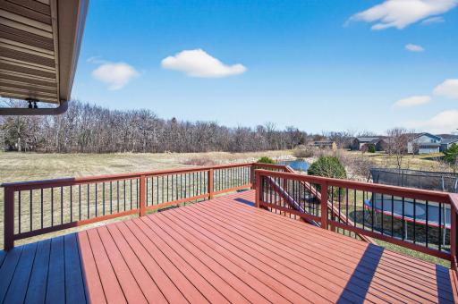 Freshly painted deck with access to the back yard