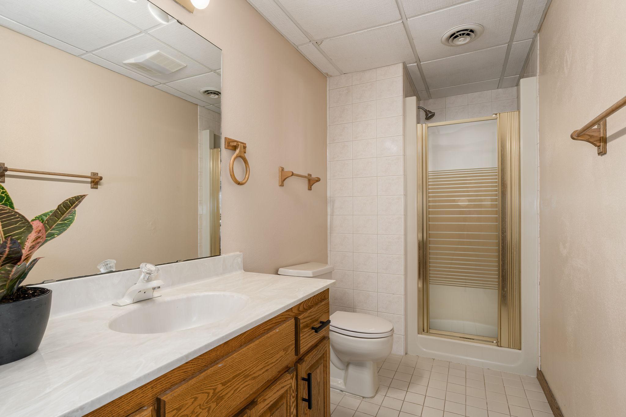 The lower level features a stylish 3/4 bath with elegant ceramic tile and an extra-long vanity, providing ample counter space for convenience.