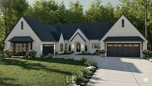 This is a rendering of the design plan that could be built here. This exquisite rambler, built around a courtyard, is designed to capture the beauty of the lot.