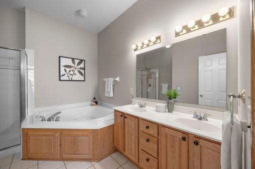 The primary bedroom offers a spacious walk-in closet, and a private full bathroom complete with a soaking tub.