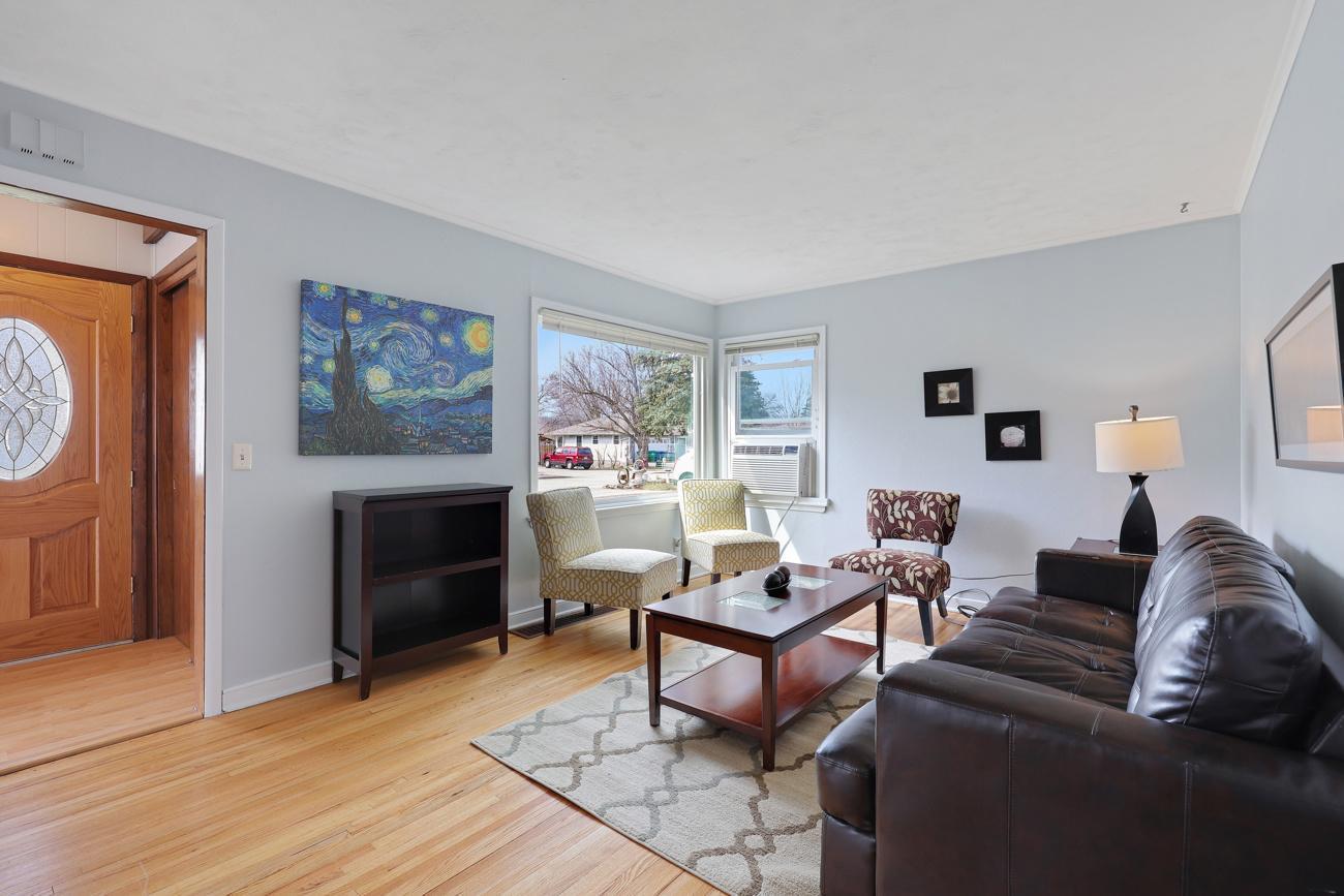 Living room with refinished hardwood floors