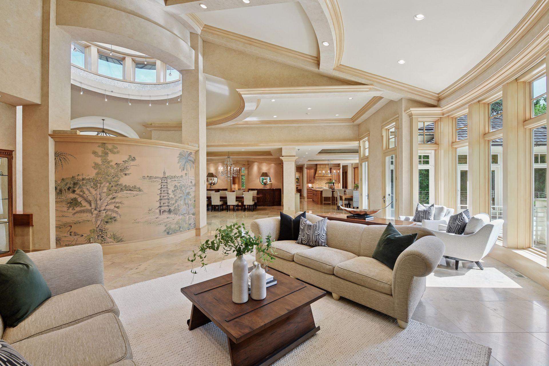 Expansive perspective highlighting the remarkable ceiling details and outstanding wood craftsmanship