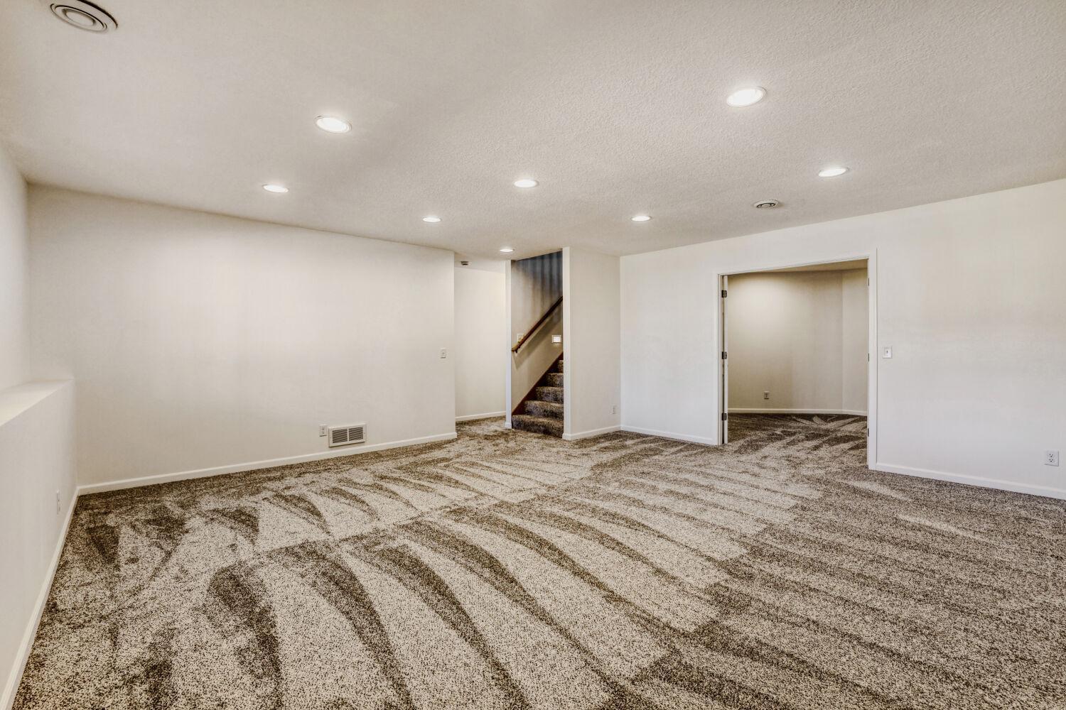 Lower level family room leading into the bonus room with a set of double doors.