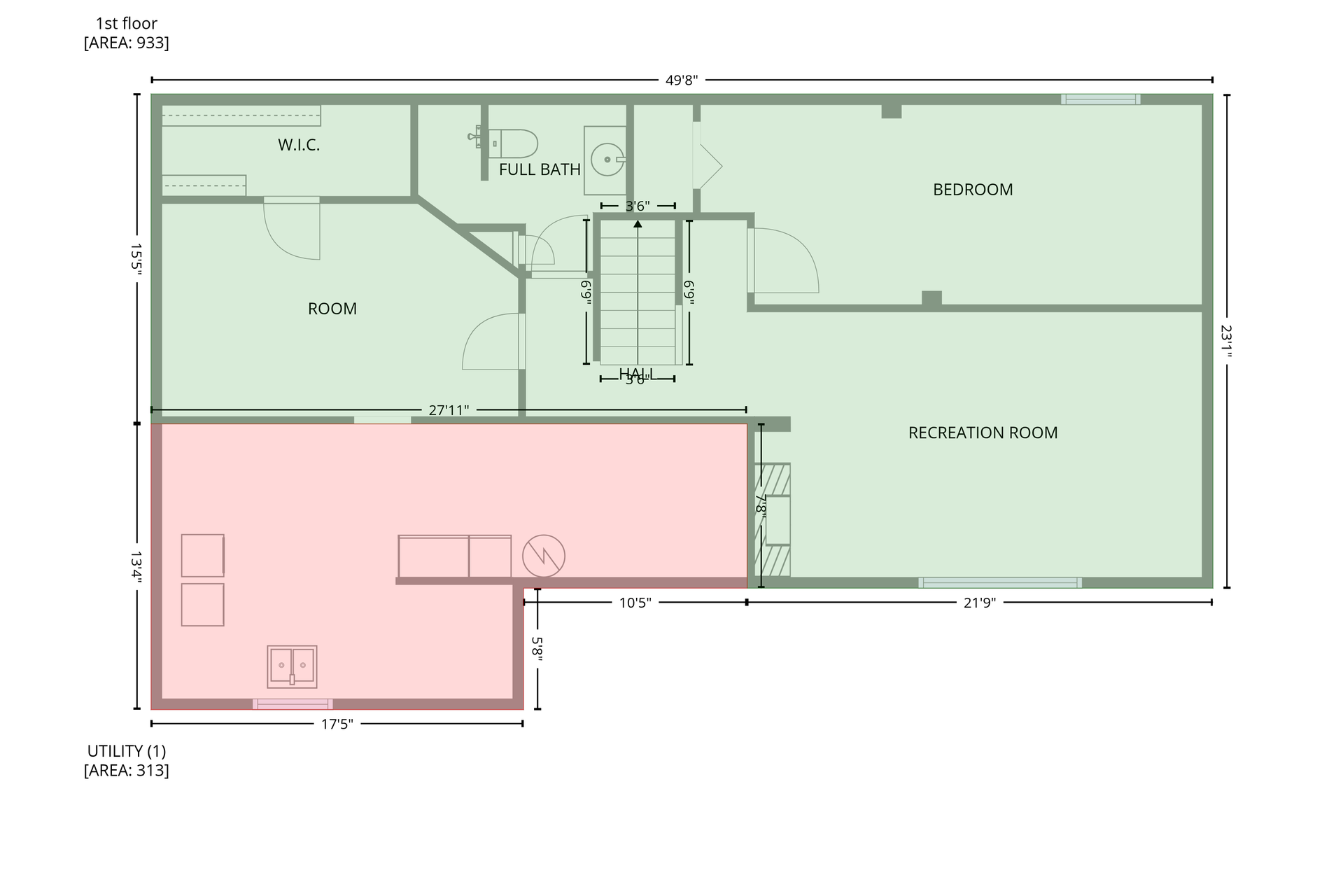 Lower level, green is finished area. Dimensions are approximate.