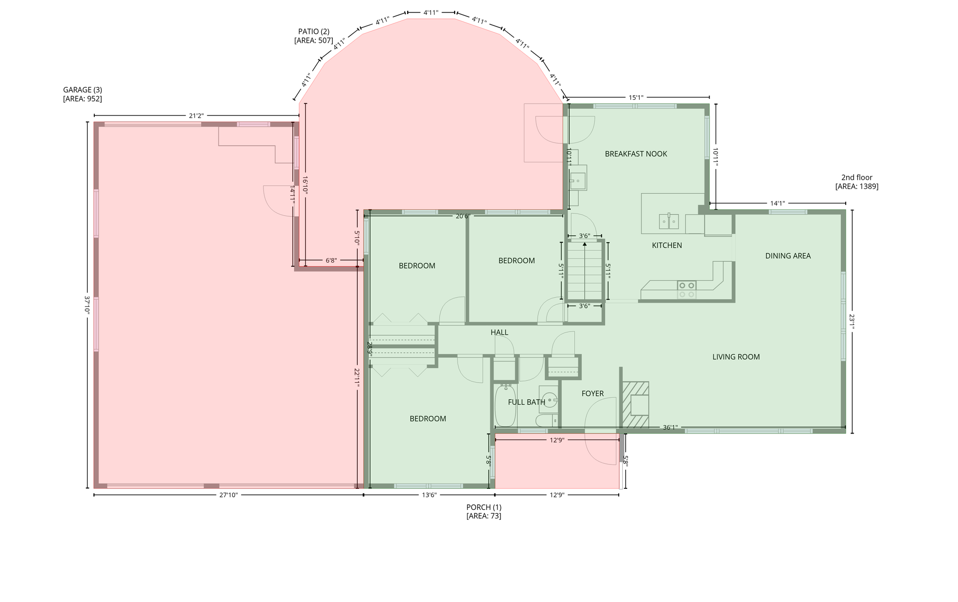 Main floor, green is finished area. Dimensions are approximate.