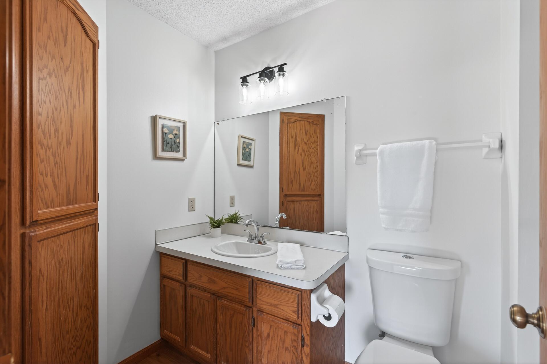 The remodeled primary bath features updated LVP flooring, modern light fixtures, and fresh neutral paint.