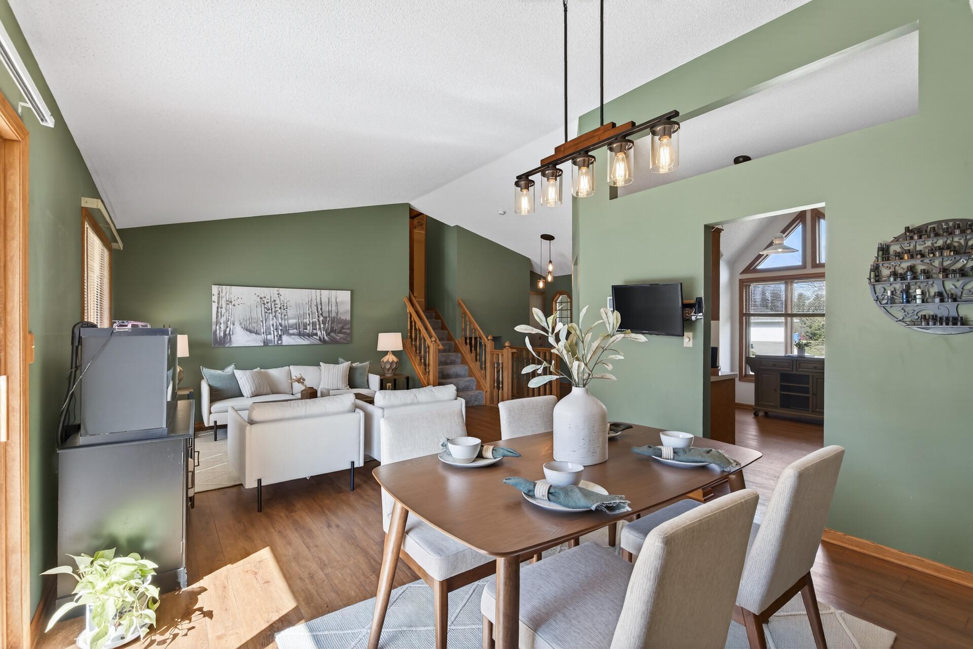 The dining area is perfect for simple meals or larger gatherings.