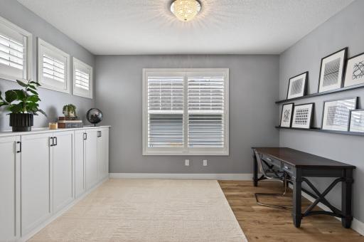 Main floor dedicated office with built ins and glass french doors for privacy