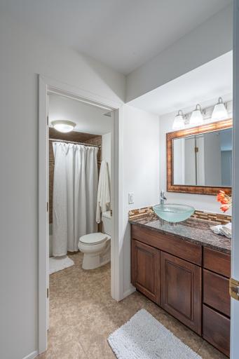 4548 Cedar Lake Rd S _ Updated bathroom featuring a modern vanity, vessel sink and tiled shower surround.