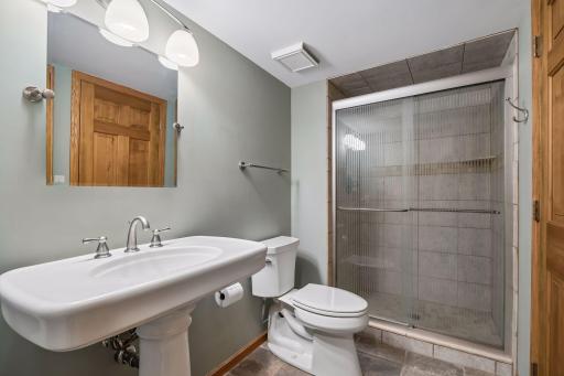Lower level bathroom that has a tiled shower.